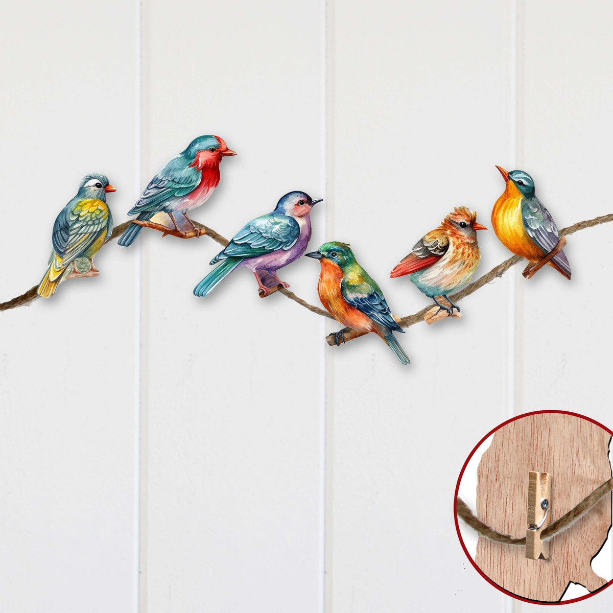 Forest birds Clip-On Eco Wood Decorative Ornaments Set of 6 by G. Debrekht - Christmas Decor - 8090015C-S6