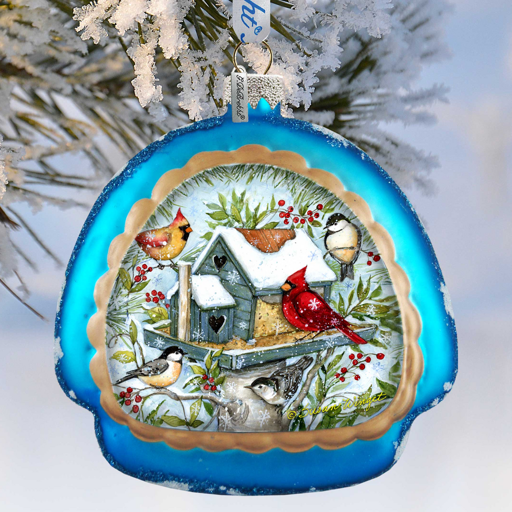 Mercury Glass Birdhouse - Winter Cardinals - Christmas Tree Decor by Susan Winget - Welcome Winter - Handmade Gift - Handblown Glass - 756-115-SW