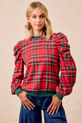 BiBi Christmas Plaid Exaggerated Shoulder Sleeves Top