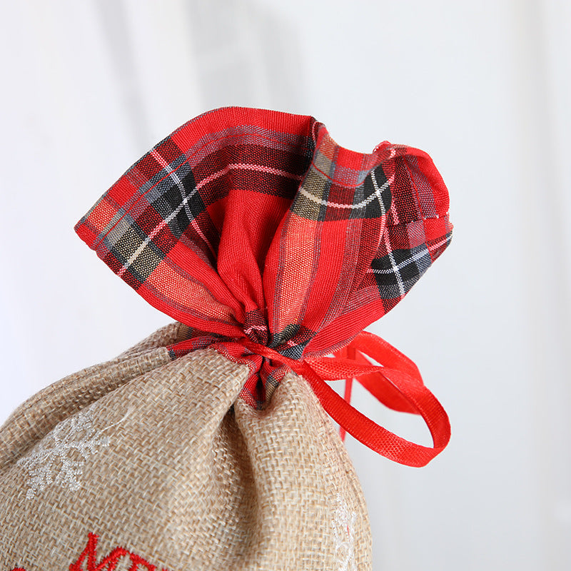 Christmas gift bag, letter printed Santa Claus home decoration, plaid linen red wine set
