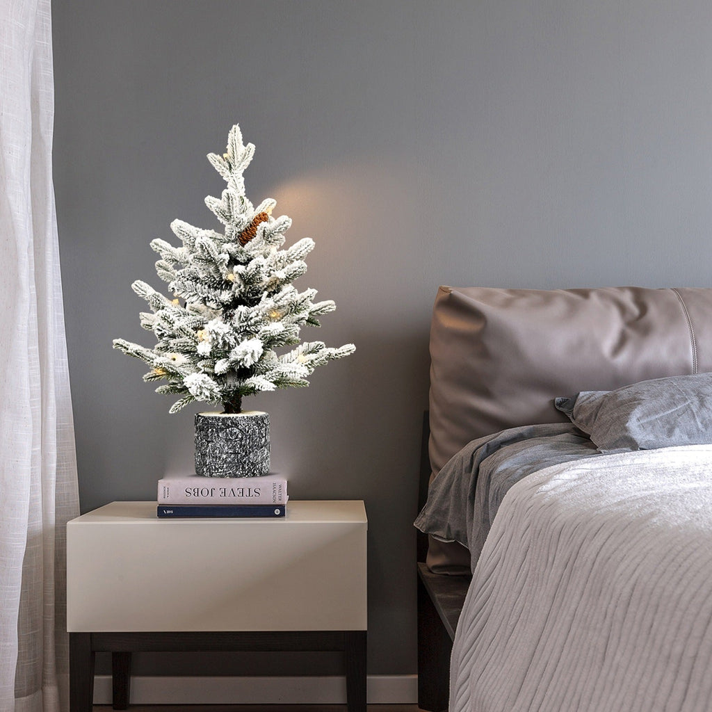 2FT Pre-Lit Flocked Christmas Tree with Pot & Pine Cones