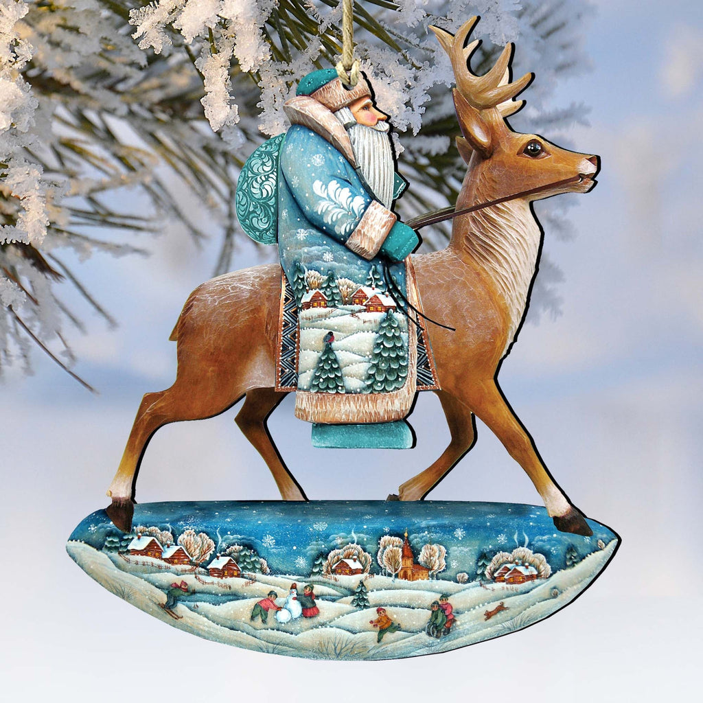 Reindeer Ride Santa Wooden Ornaments by G. DeBrekht - Christmas Santa Snowman Decor - 8151123