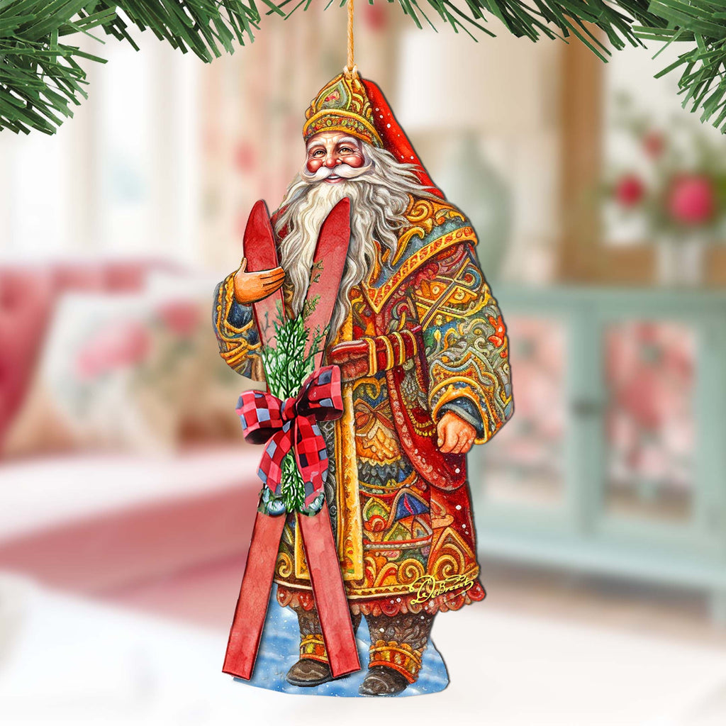 Santa's Skiing Adventure Wooden Ornaments by G. Debrekht - Christmas Santa Snowman Decor - 8691403