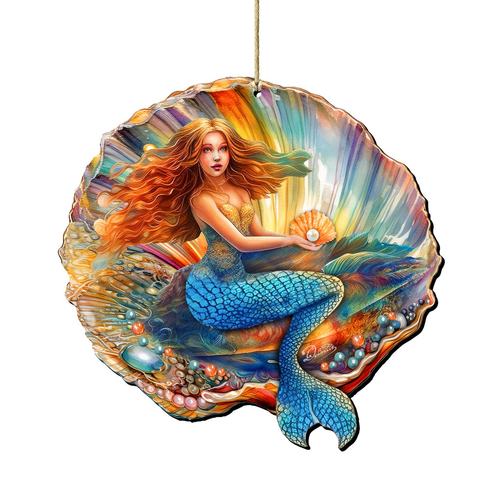 Nautical Christmas Decor - Mermaid in the Shell Wooden Ornaments by G.Debrekht Coastal Holiday Decor - 8688200