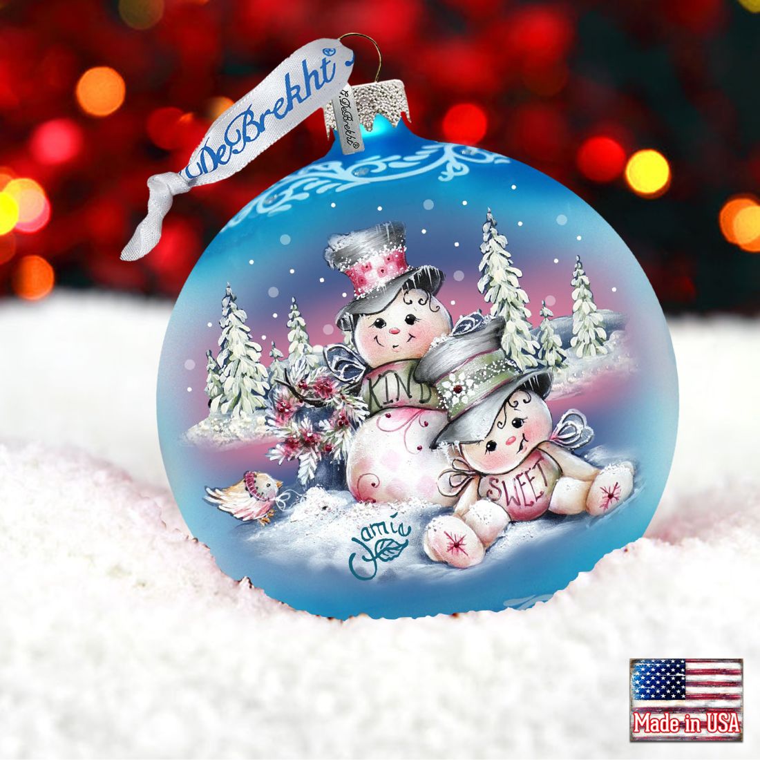 Kind Sweet Snowman Family Glass Ornament by Jamie Mills-Price - Christmas Santa Snowman Decor - 71201-0113
