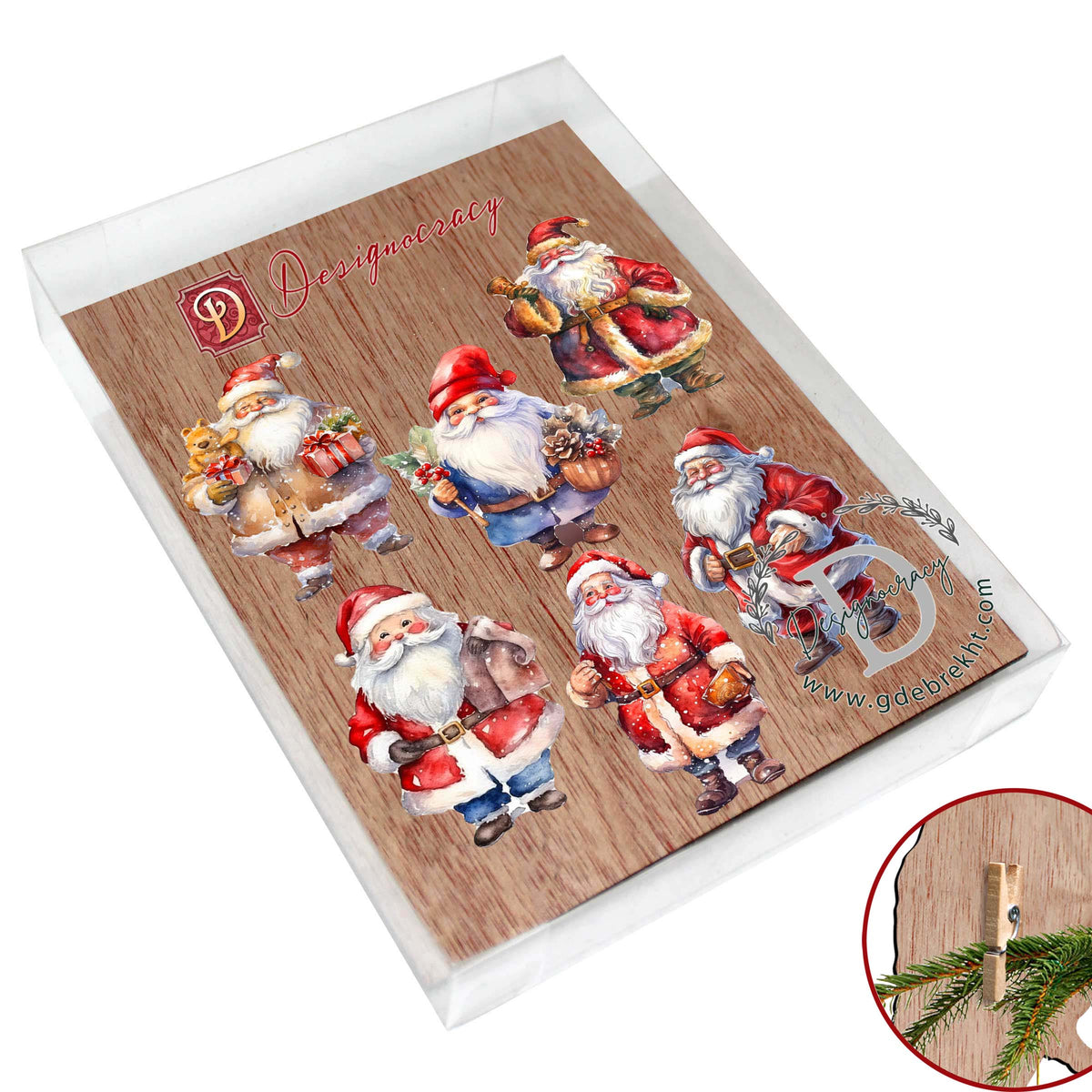 Santa Clip-On Eco Wood Decorative Ornaments Set of 6 by G. Debrekht - Christmas Decor - 8090009C-S6