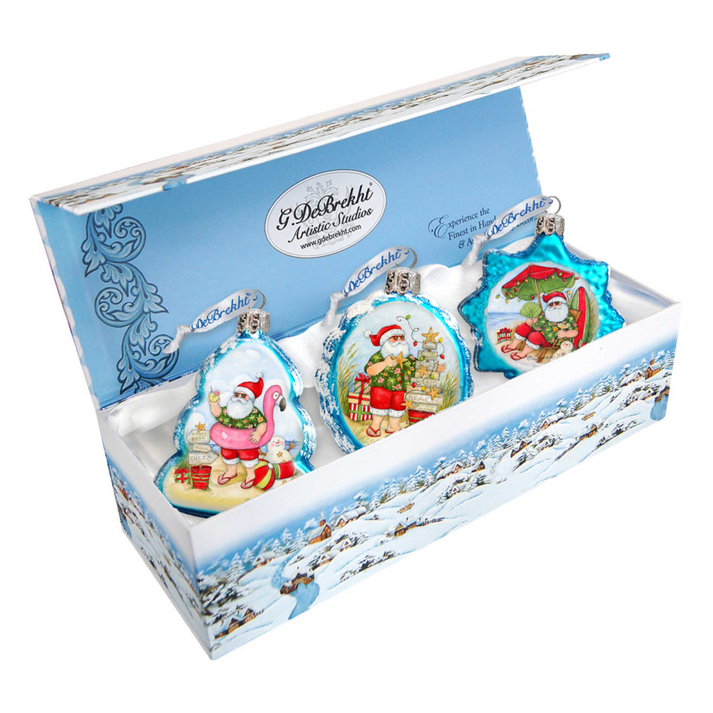 Christmas at the Beach Mercury Glass Ornaments Set of 3 by Susan Winget - Santa and Snowman Decor