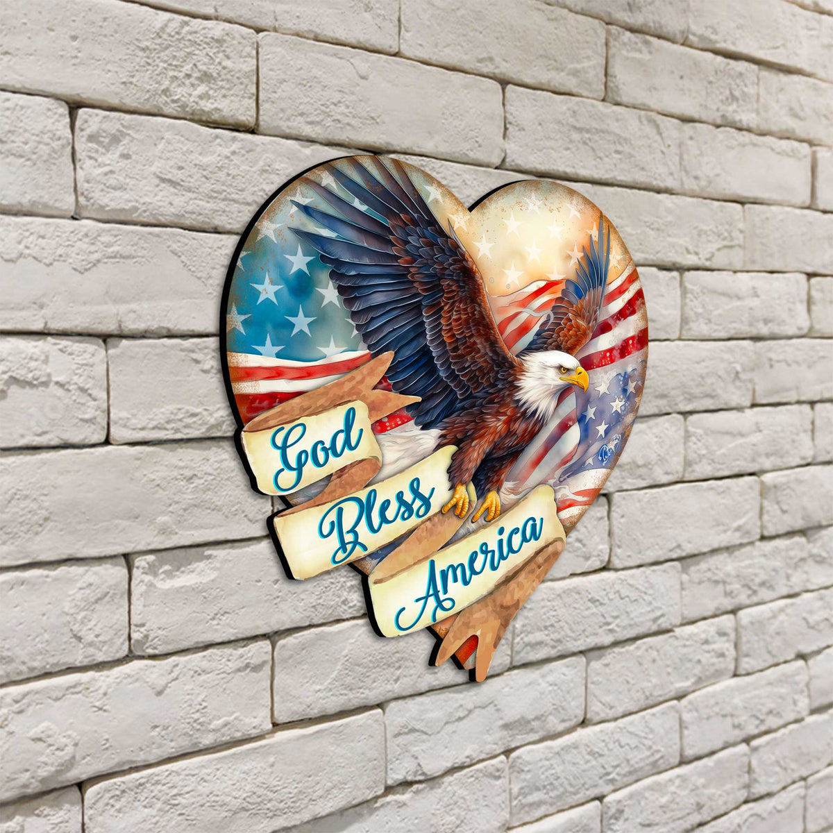 God Bless America Patriotic Eagle Heart Decorative Holiday Door Decor by G. DeBrekht - American Christmas Decor - 8652789H