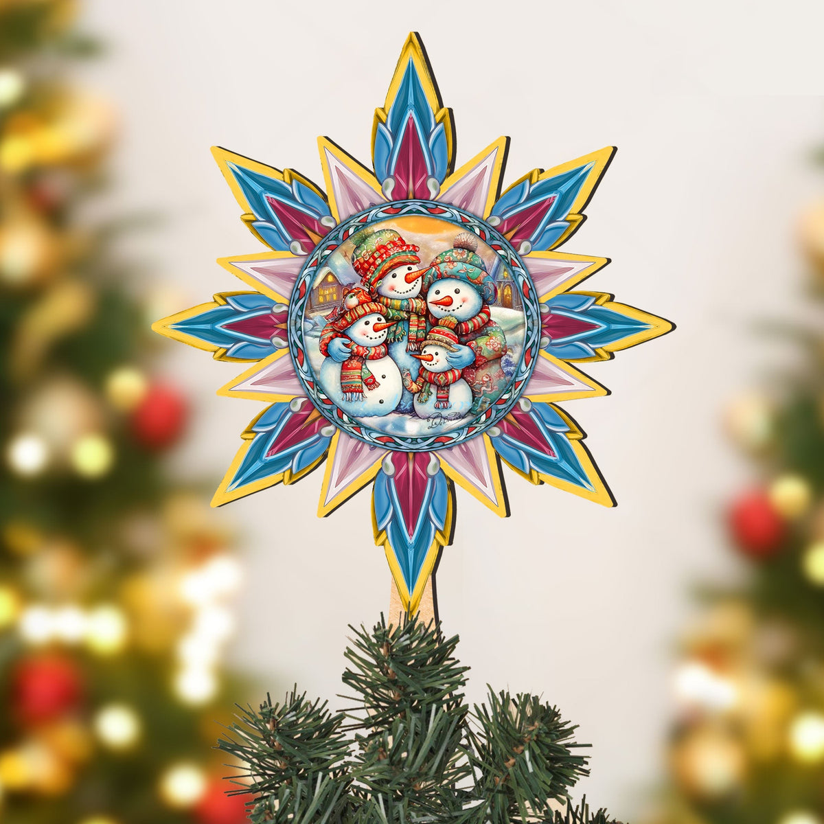 Snowman Family Star Tree Topper Wooden Decor by G. Debrekht - Santa Snowman Christmas Decor - 89511