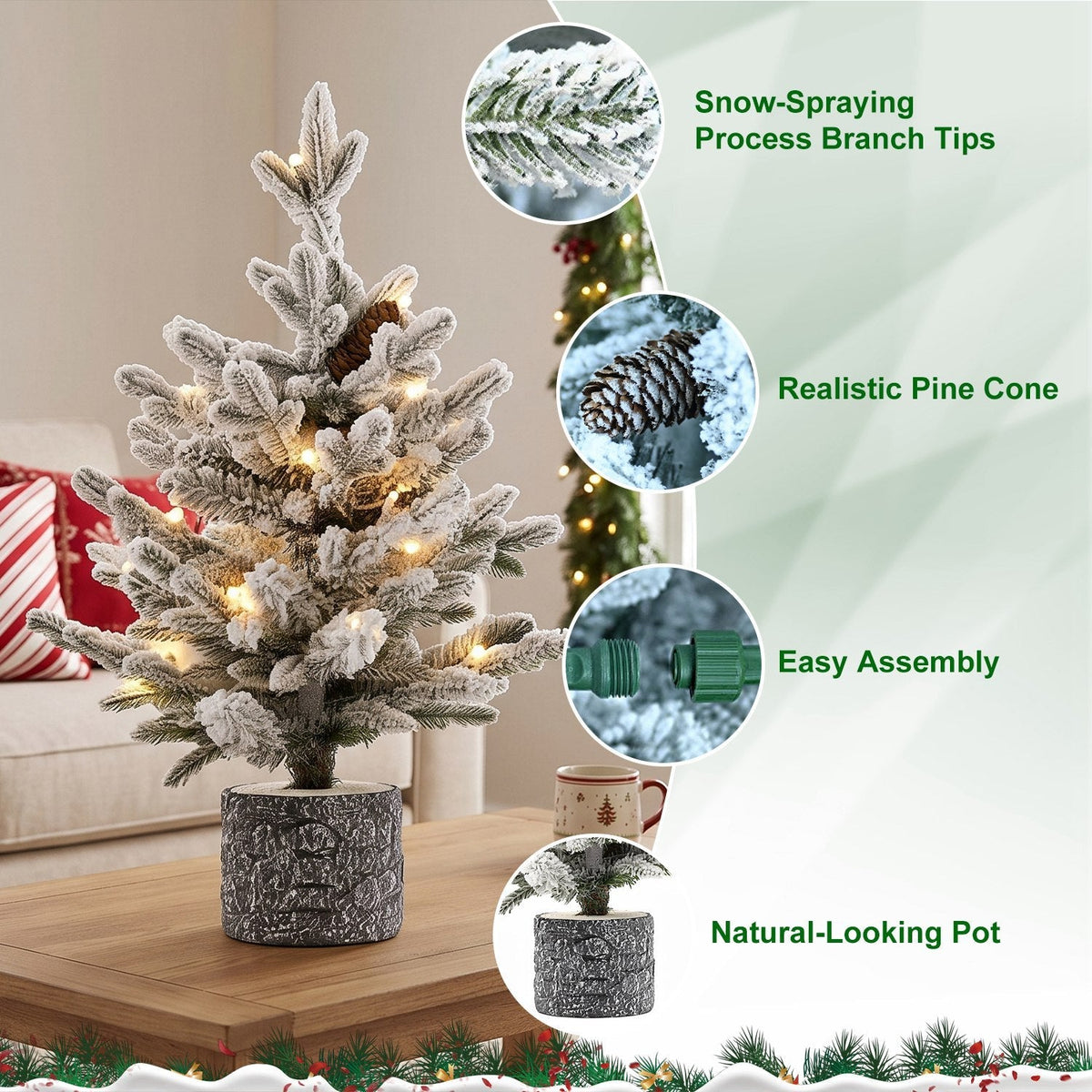 2FT Pre-Lit Flocked Christmas Tree with Pot & Pine Cones
