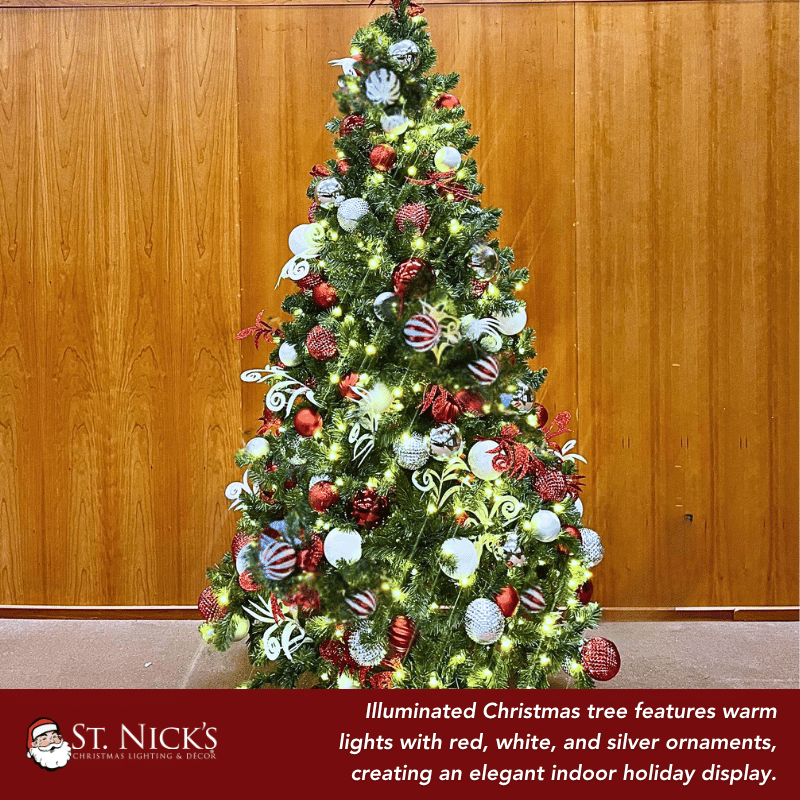 7.5FT Pre-Decorated Commercial PVC Christmas Tree with Red, White & Silver Ornaments