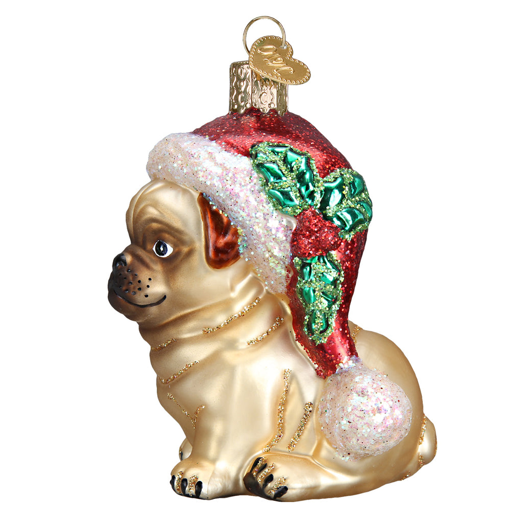 Holly Hat Pug Ornament