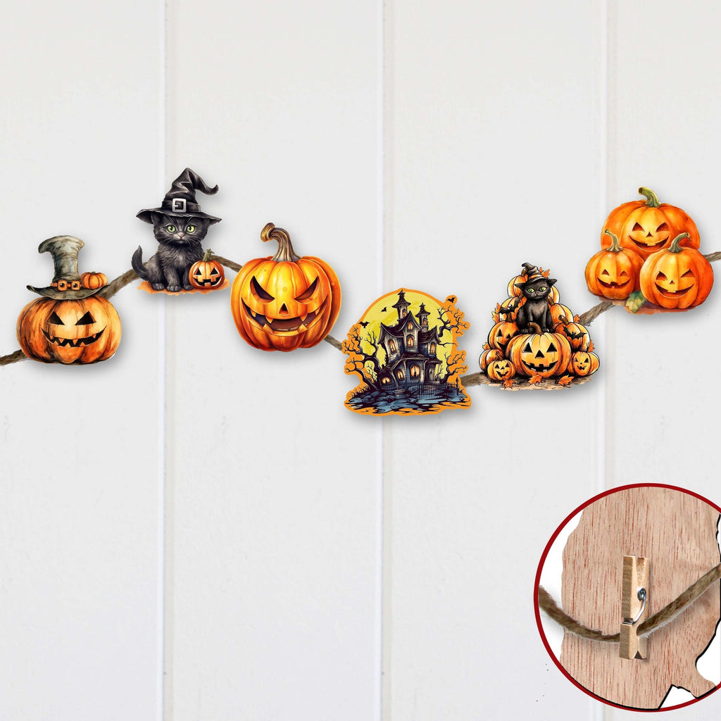 Spooky pumpkins Clip-On Eco Wood Decorative Ornaments Set of 6 by G. Debrekht - Halloween Decor - 8090019C-S6