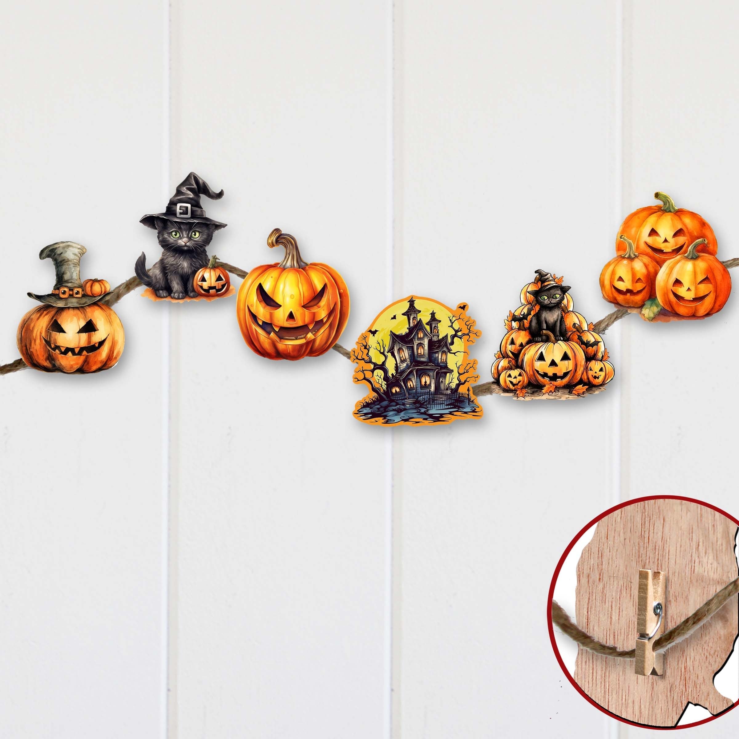 Spooky pumpkins Clip-On Eco Wood Decorative Ornaments Set of 6 by G. Debrekht - Halloween Decor - 8090019C-S6