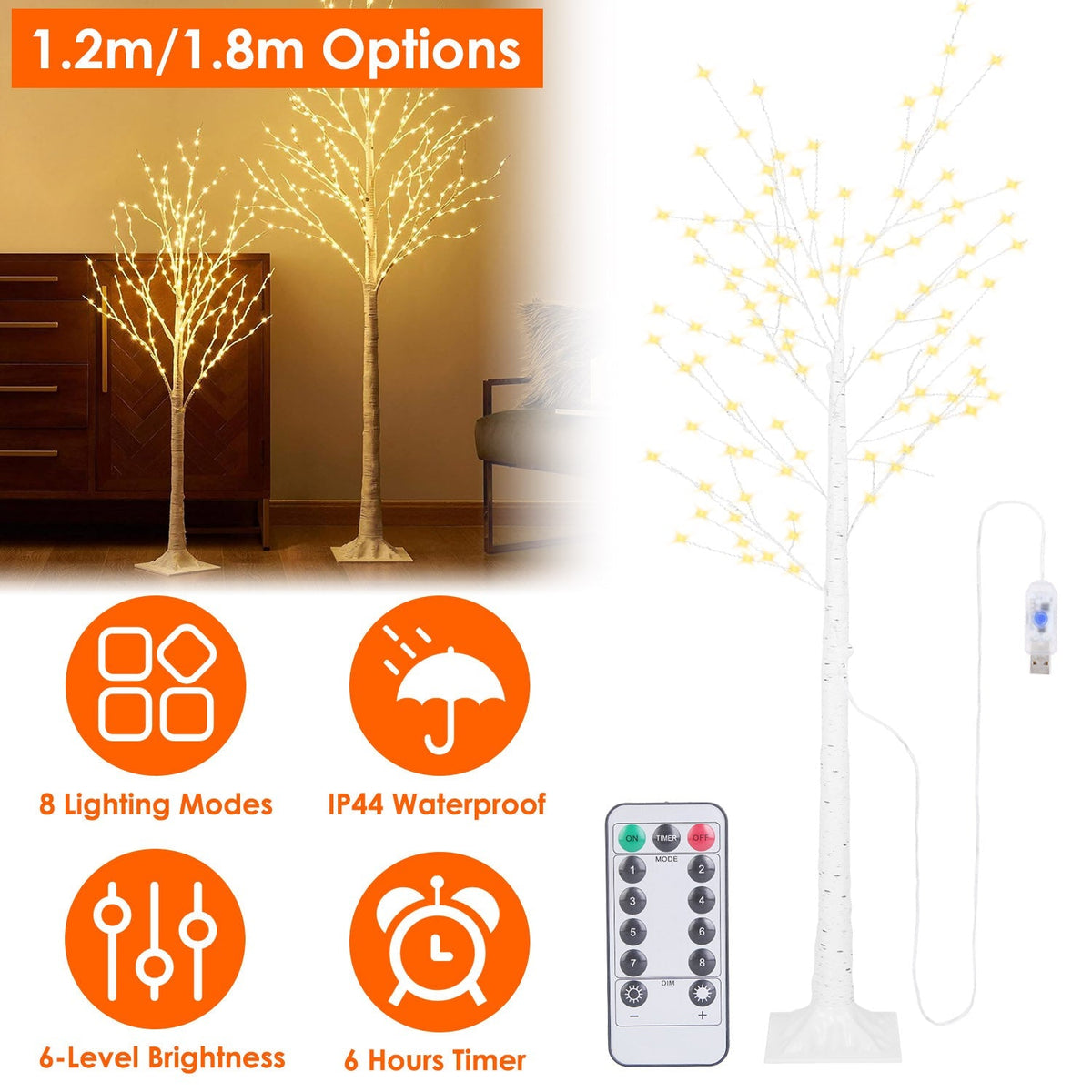 Lighted Birch Tree Artificial White Birch Twig Tree with 8 Warm White Lighting Modes for Wedding Party Christmas Holiday Festival Home Decoration