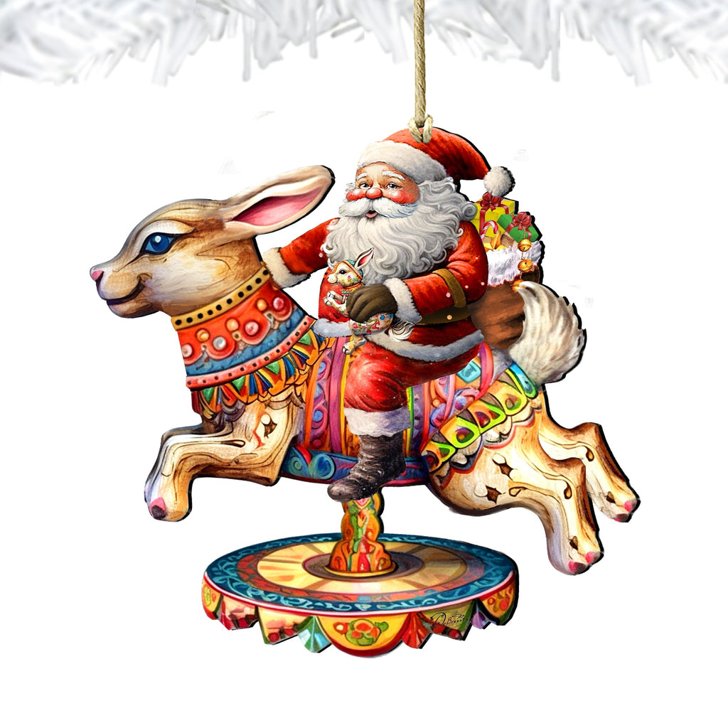 Santa Claus on Bunny Carousel Wooden Ornaments by G. Debrekht Christmas Santa Snowman Decor - 8611067