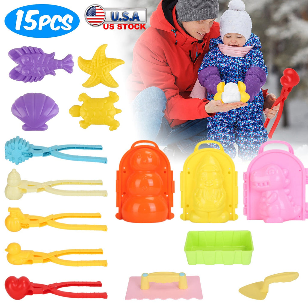 15Pcs Winter Snowball Tool Kit Kids Snow Molds Outdoor Snow Beach Toys for Kids Toddlers Adults Snowman Snowflake Duck Dinosaur