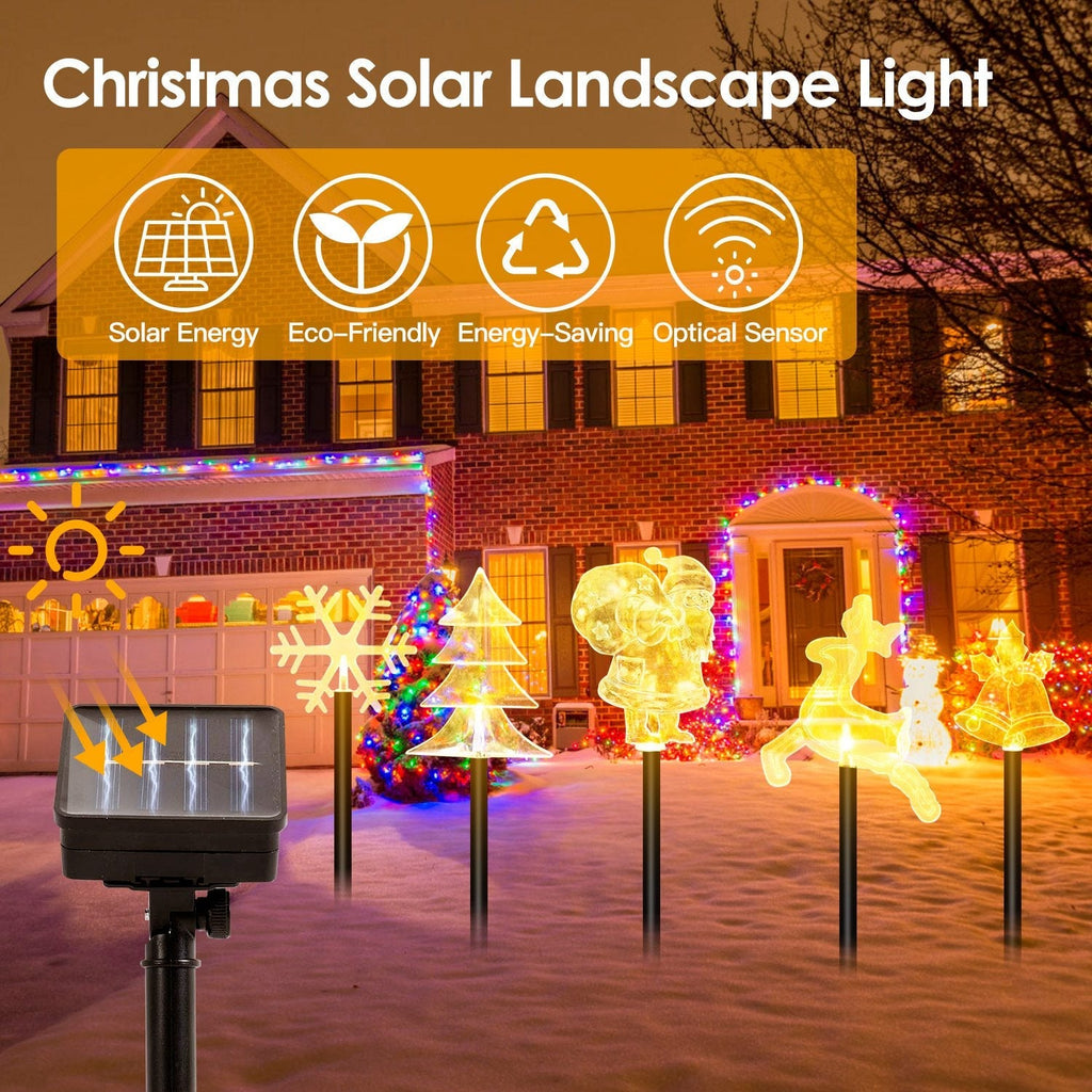 5Pcs Mixed Christmas Decoration Light Solar Stake Light Waterproof Reindeer Snowflake Bell Christmas Tree Santa Claus Light Outdoor Landscape Light