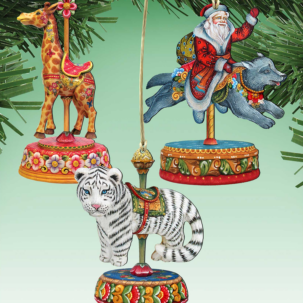 Carousel Wooden Ornaments-Tiger,Santa,Giraffe - Christmas Decor - 8100089S3