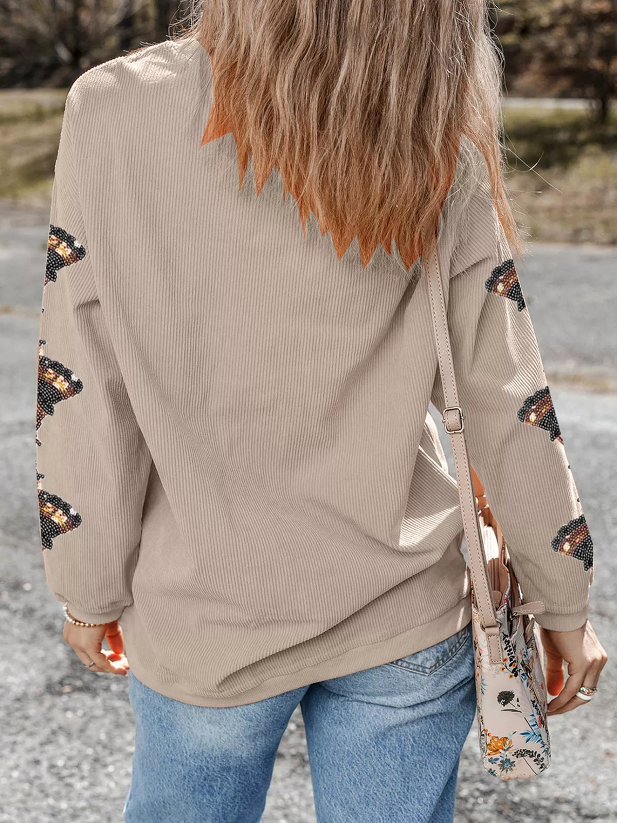 Gobble Corded Ribbed Thanksgiving Turkey Sequin Patched Sleeve Sweatshirt
