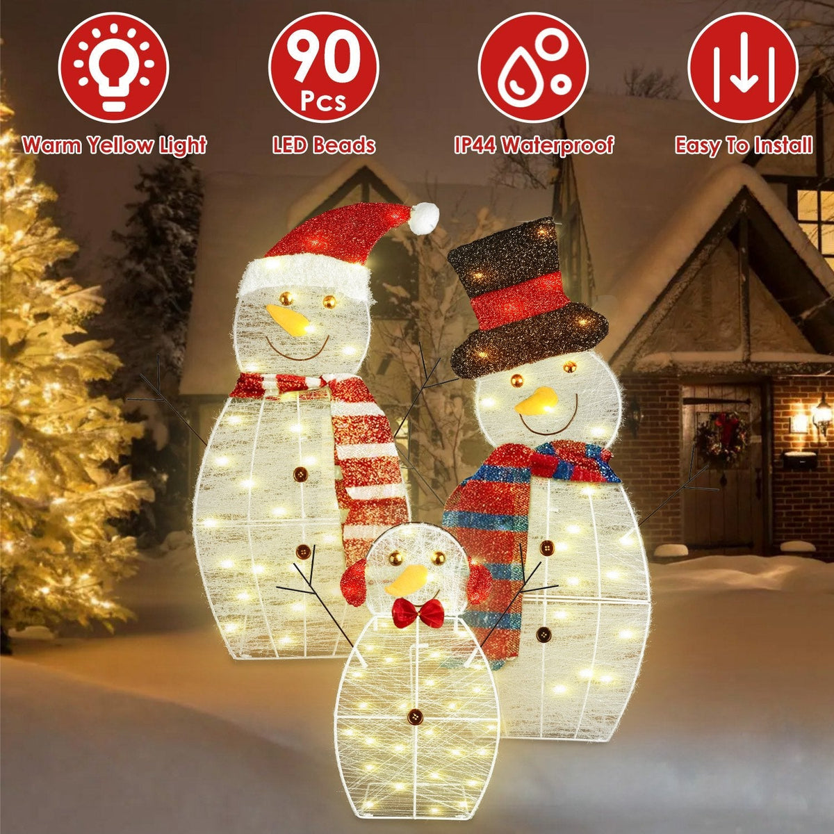 3Pcs 2D Christmas Snowman Yard Decoration Snowman Family Outdoor Decoration With 90Pcs LED Warm Yellow Lights 8 Lighting Modes IP44 Waterproof For Chr