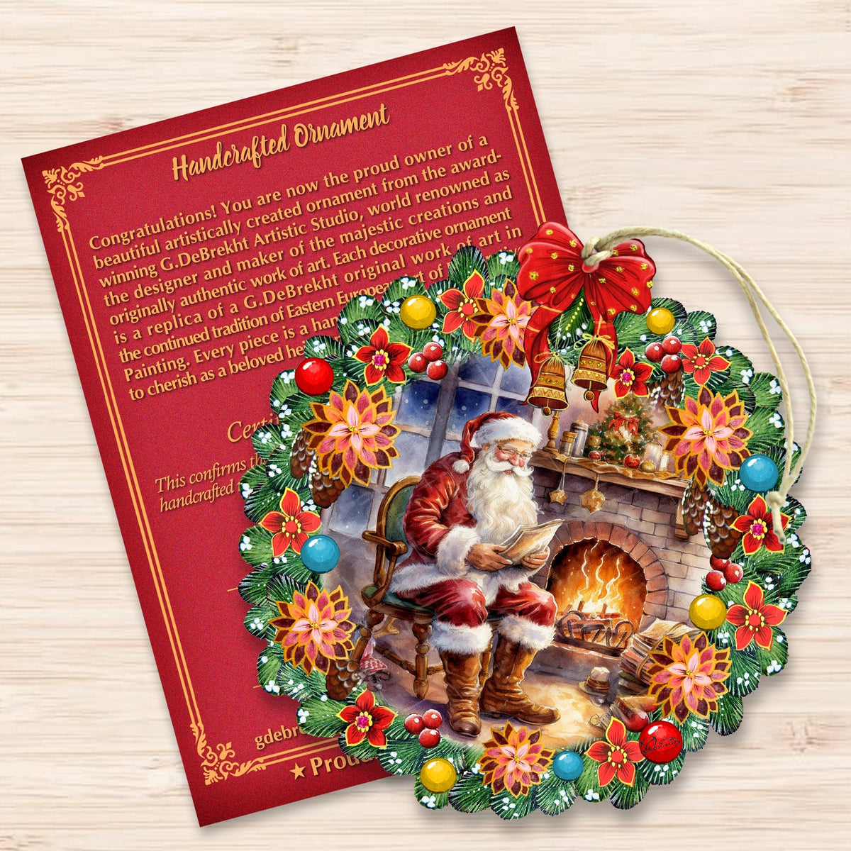 Santa at the Fireplace Wreath Wooden Ornaments by G. Debrekht Christmas Santa Snowman Decor - 8611089-2