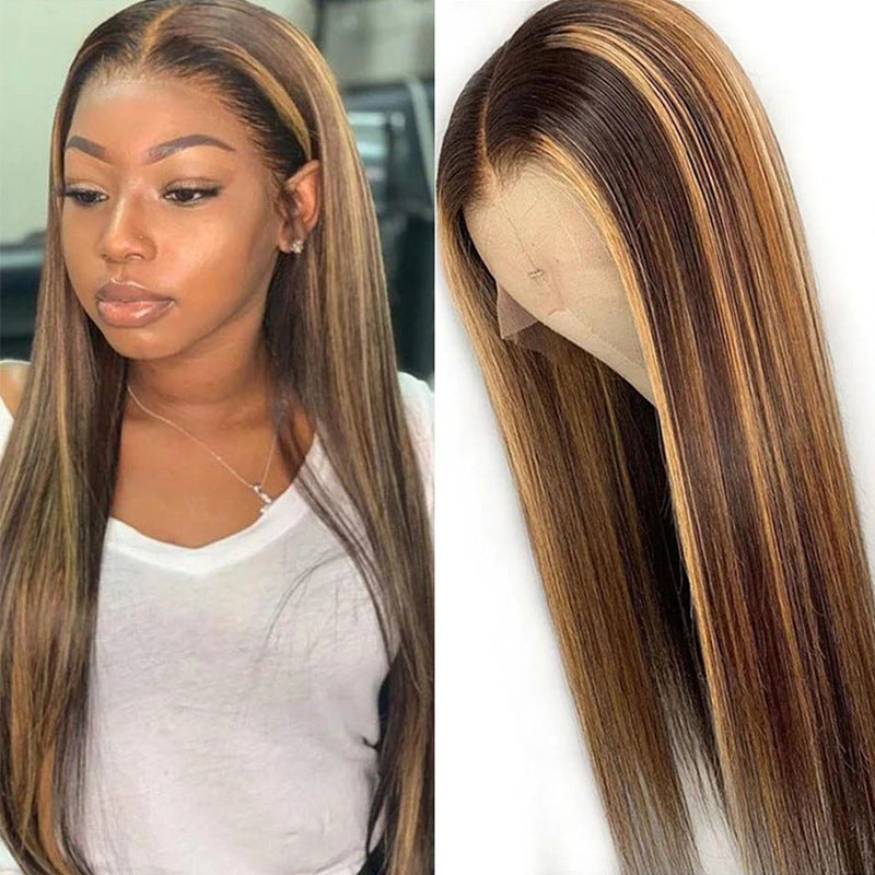 Wig Ladies Chemical Fiber Hair Cover Piano Color Highlighting Brown Inter-color Long Straight Hair Gradient