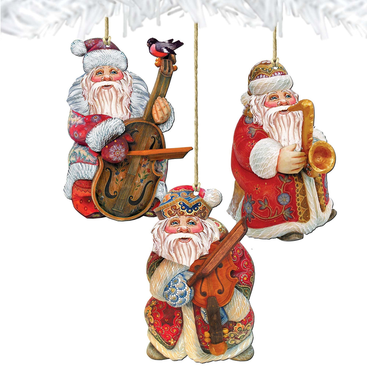 Santa Musicians Wooden Ornaments Set of 3 by G. DeBrekht - Christmas Santa Snowman Decor - 8100028S3