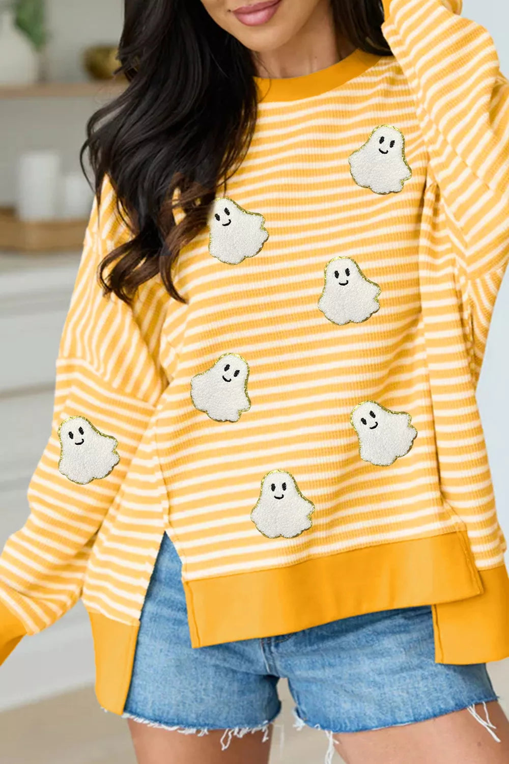 Stripe Halloween Ghost Patch Round Neck Long Sleeve Top