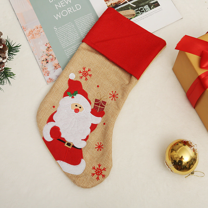 Christmas Decoration Linen Red Bordered Old Man Snowman Christmas Socks Christmas Gift Bag Candy Socks