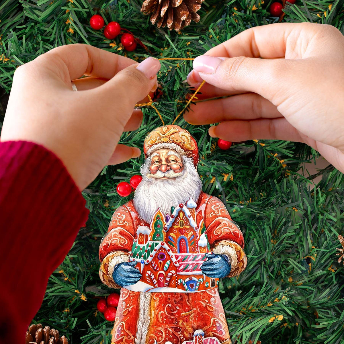 Santa and the Gingerbread House Wooden Ornaments by G. Debrekht - Christmas Santa Snowman Decor - 8691404