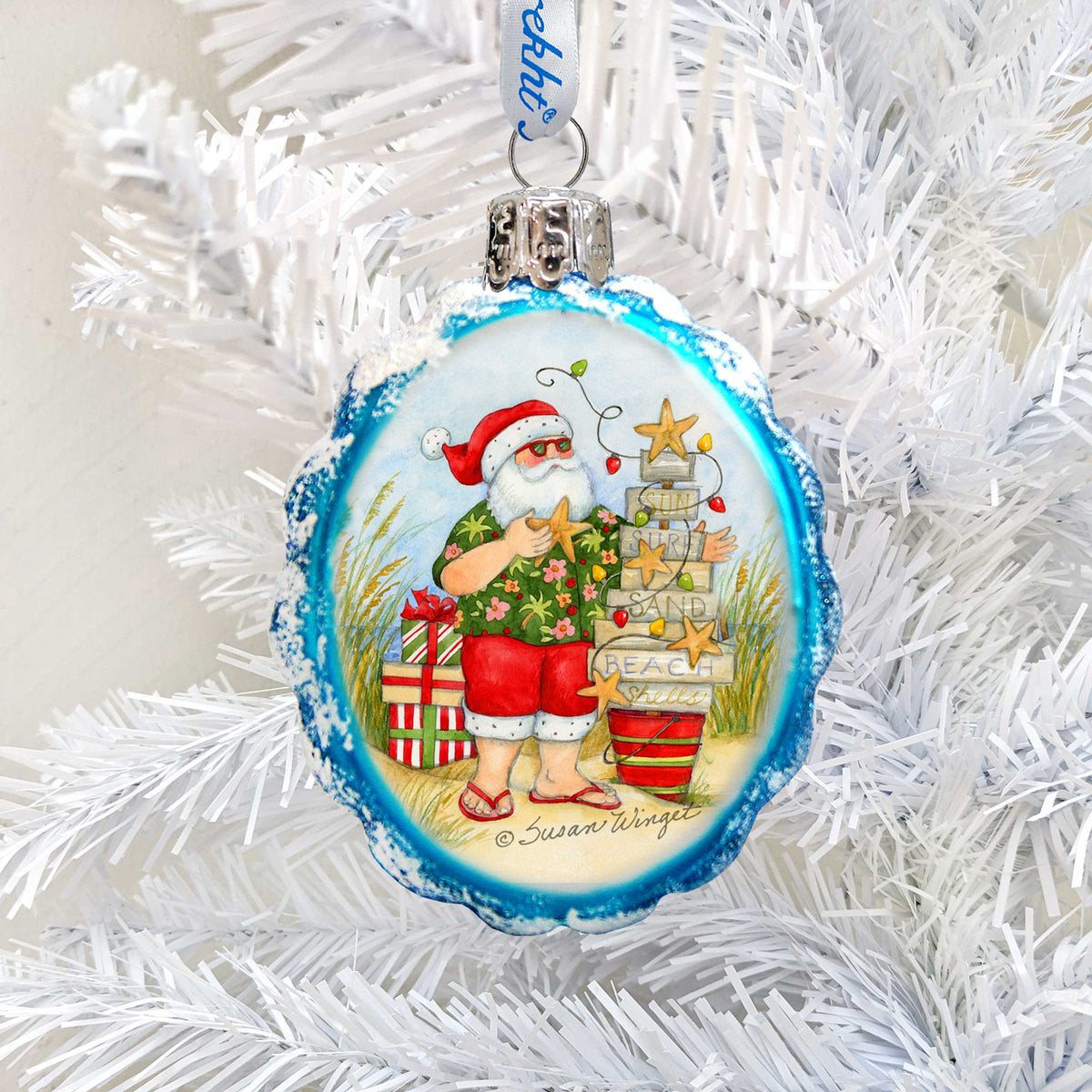 Christmas at the Beach Mercury Glass Ornaments Set of 3 by Susan Winget - Santa and Snowman Decor