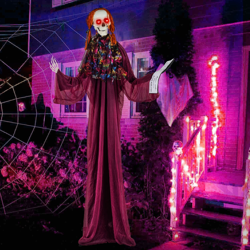 6 Feet Halloween Animatronic Standing Girl Holding Book with Sound-Activated Light-up Eyes and Moving Arms & Head