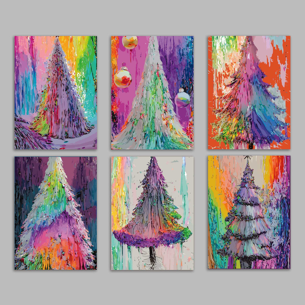 Technicolor Tinsel Christmas Tree Greeting Cards, Set of 24