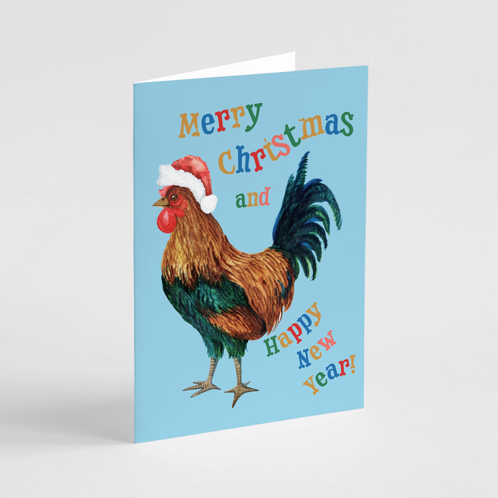 Retro Chicken Christmas and New Year Greeting Cards, Set of 24