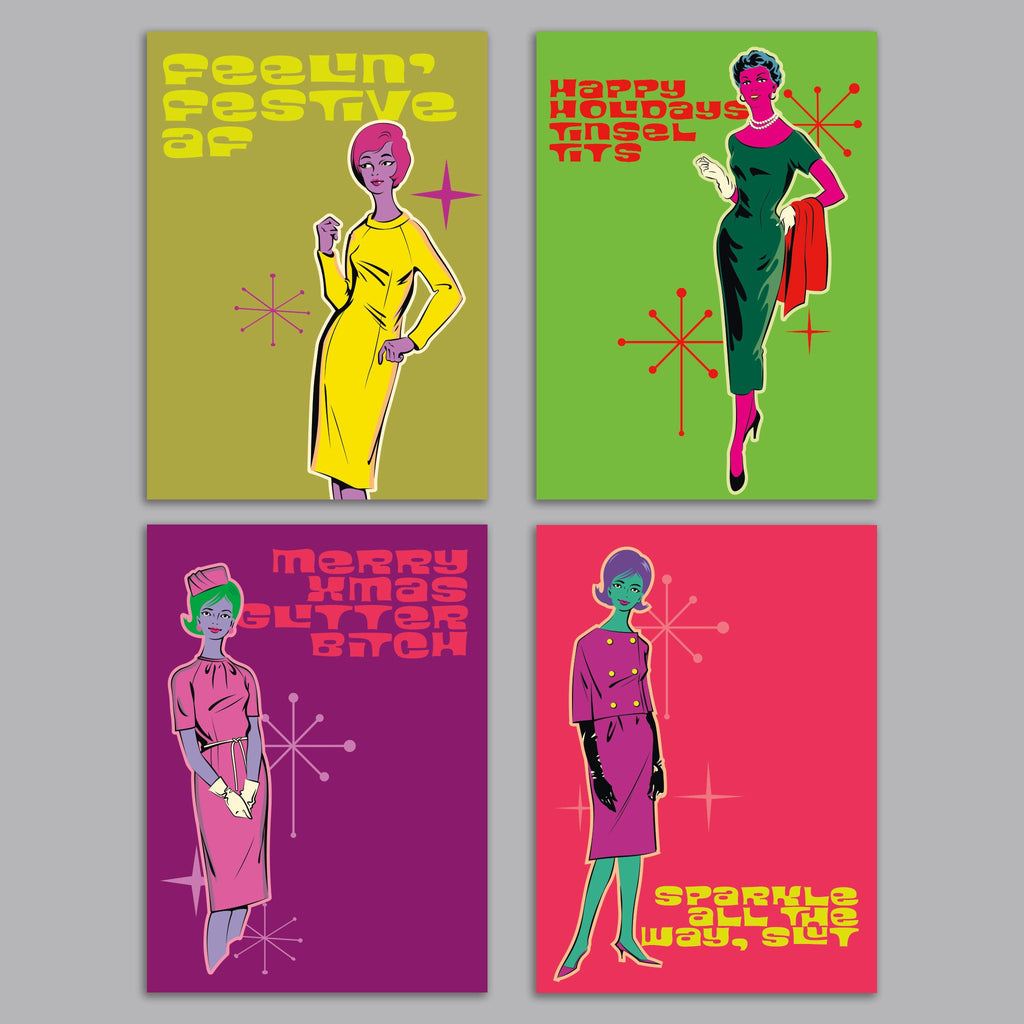 Femme Fatale Retro 60s Christmas Greeting Cards, Set of 24