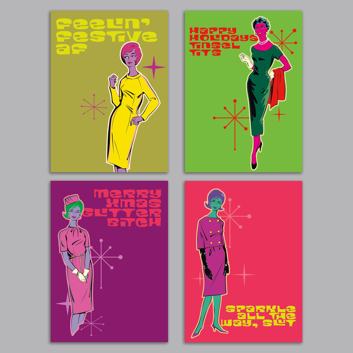 Femme Fatale Retro 60s Christmas Greeting Cards, Set of 24