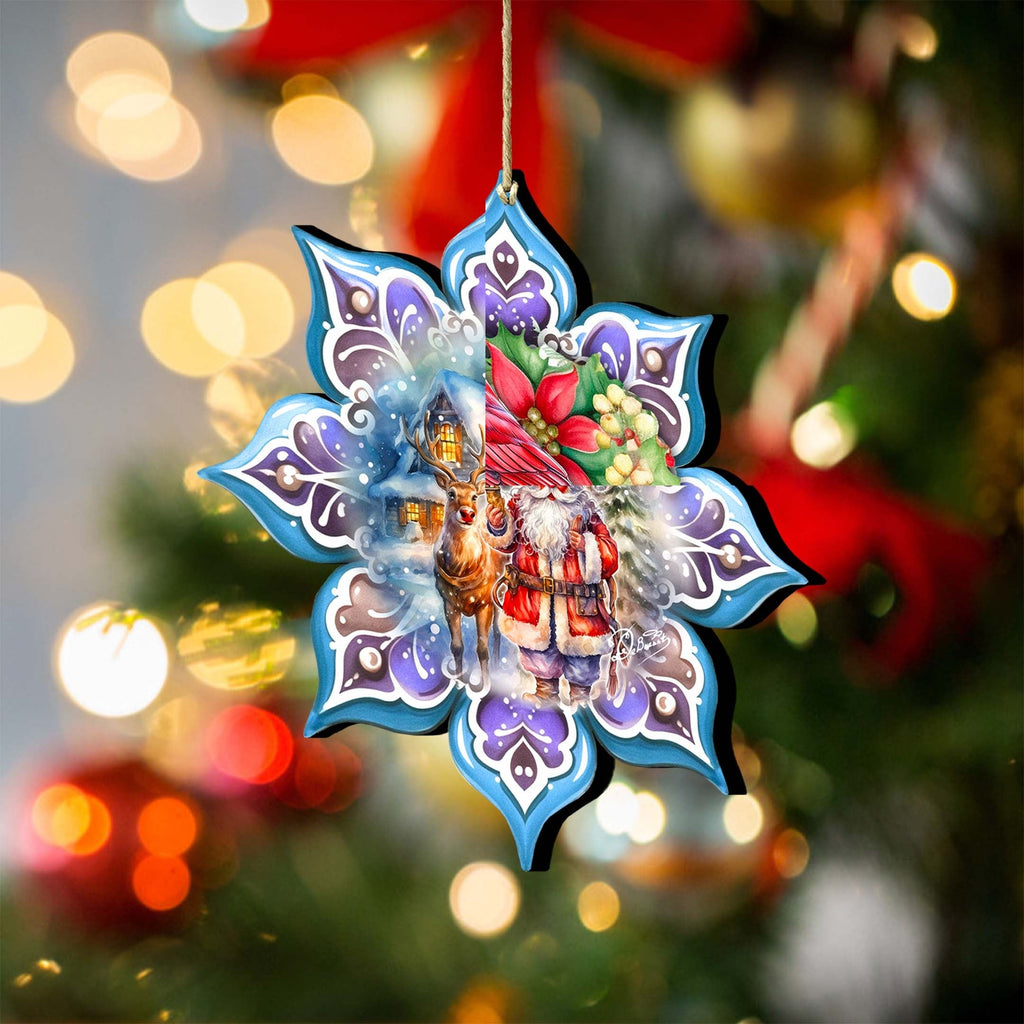 Santa with Reindeer Snowflake Wooden Ornaments by G. Debrekht - Christmas Santa Snowman Decor - 8688405
