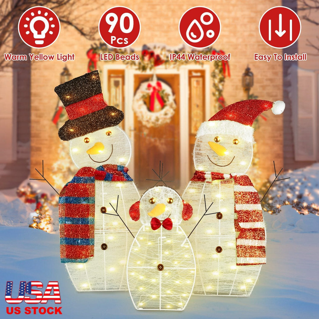3Pcs 2D Christmas Snowman Yard Decoration Snowman Family Outdoor Decoration With 90Pcs LED Warm Yellow Lights 8 Lighting Modes IP44 Waterproof For Chr
