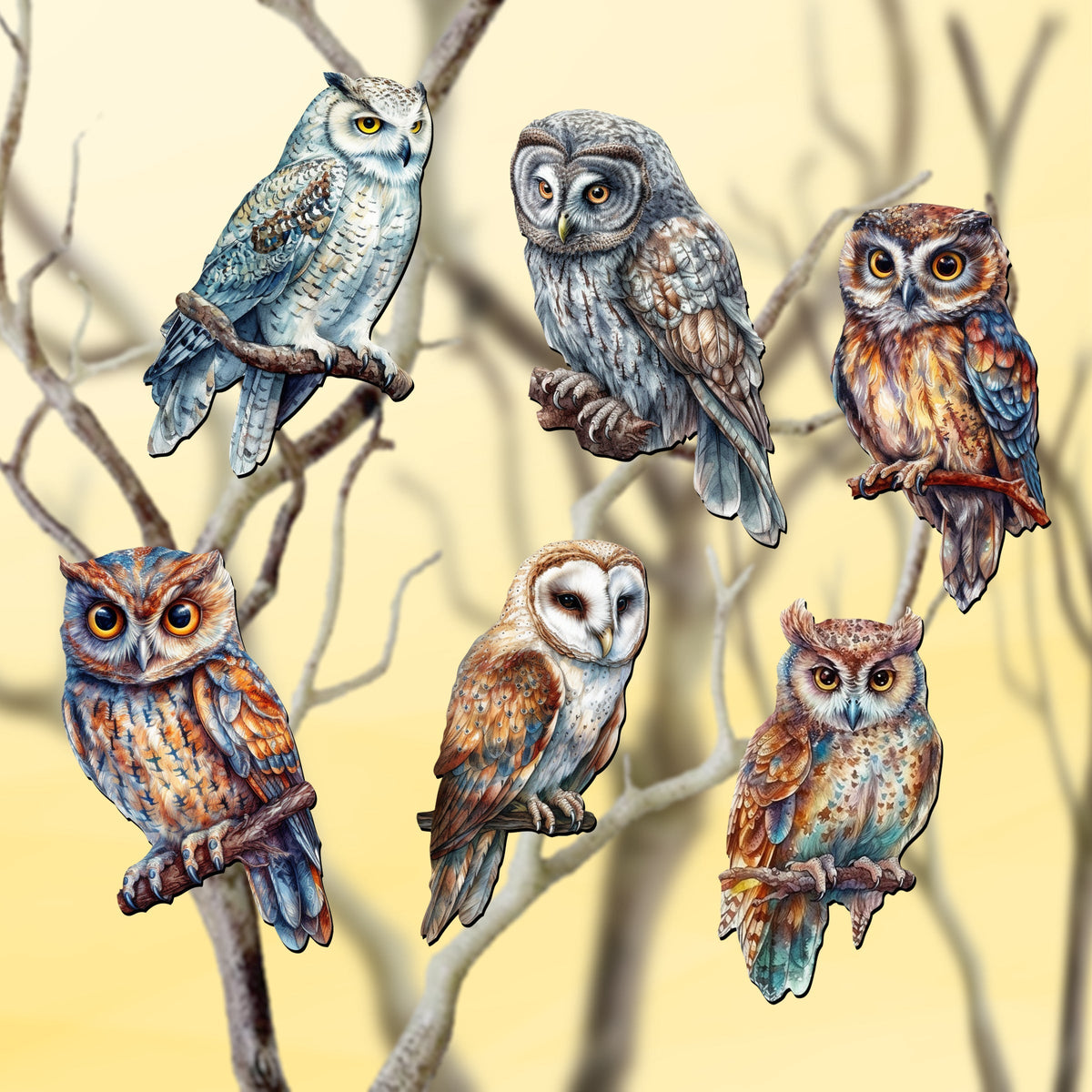 Night Owls Clip-On Eco Wood Decorative Ornaments Set of 6 by G. Debrekht - Christmas Decor - 8090004C-S6