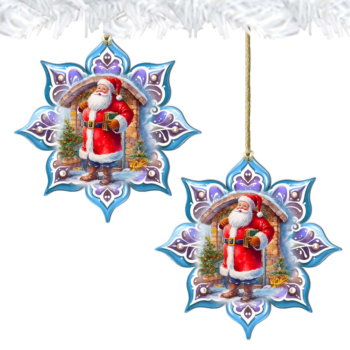 Santa with Book Snowflake Wooden Ornaments by G. Debrekht - Christmas Santa Snowman Decor - 8688420