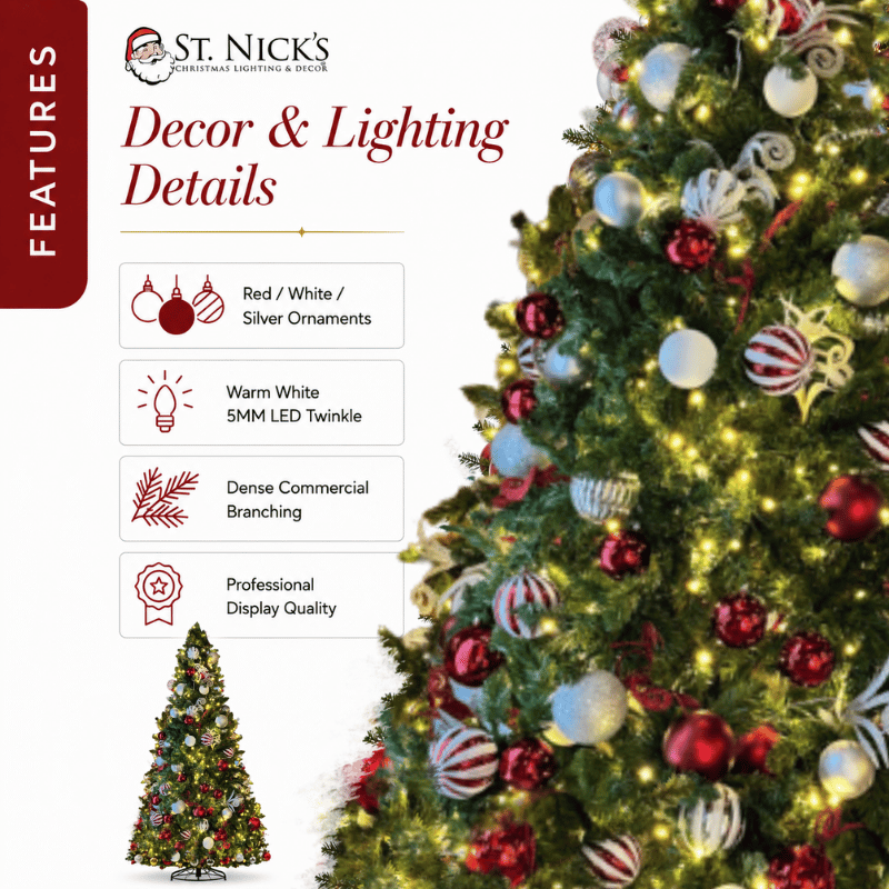 7.5FT Pre-Decorated Commercial PVC Christmas Tree with Red, White & Silver Ornaments