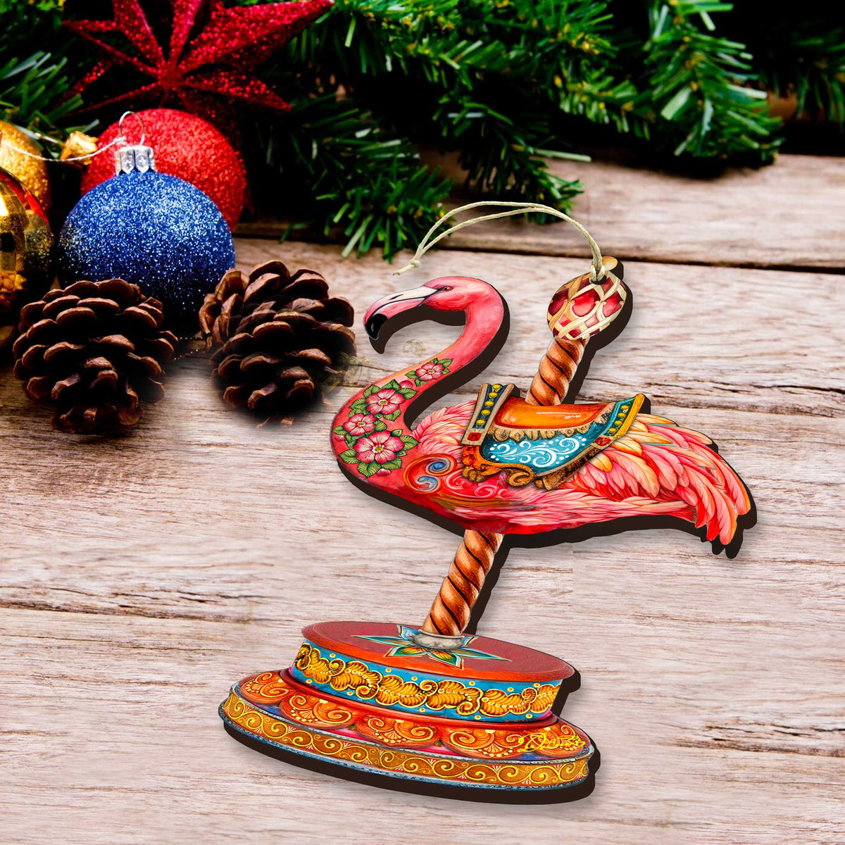 Pink Flamingo Carousel Christmas Wooden Ornaments by G. DeBrekht - Carousel Holiday Decor - 8652752