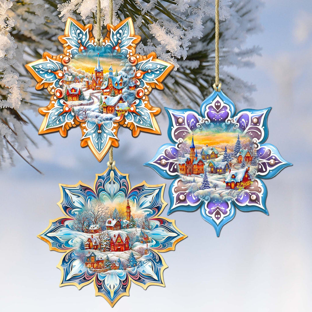 Winter Village Snowflake Eco Wood Ornaments Set of 3 by G. Debrekht - Christmas Decor - 8090146-S3