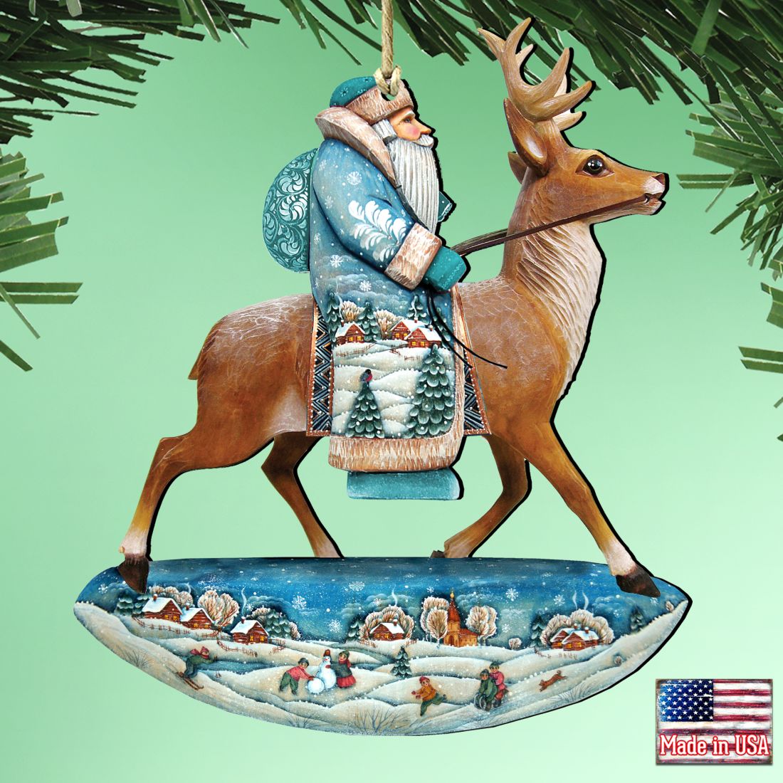Reindeer Ride Santa Wooden Ornaments by G. DeBrekht - Christmas Santa Snowman Decor - 8151123