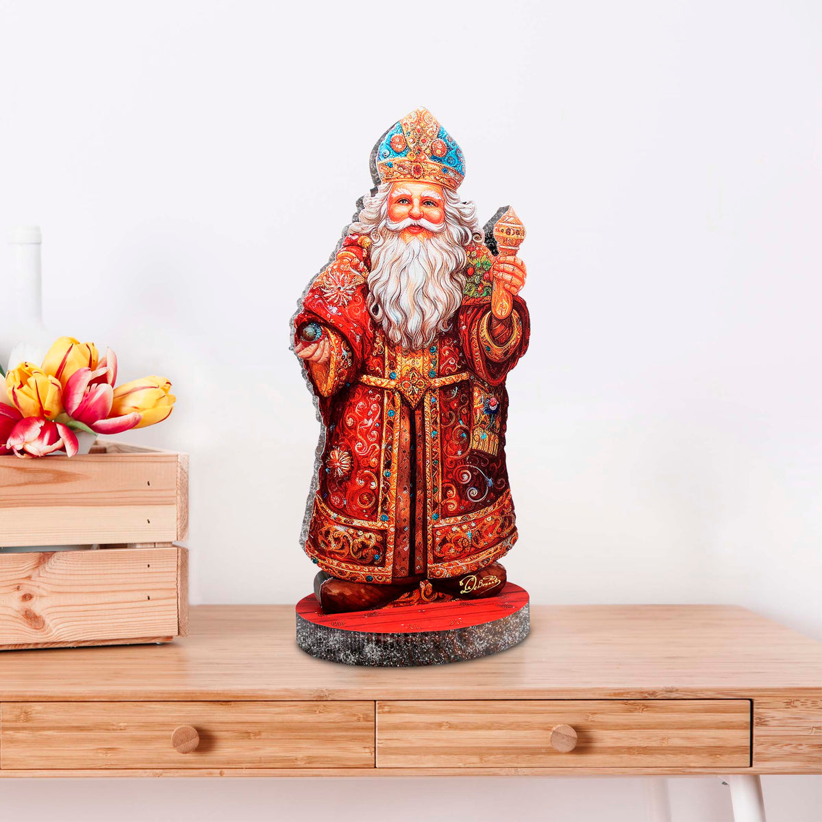 Festive Santa Limited Edition Centerpiece Wooden Figurine by G. Debrekht - Christmas Santa Snowman Decor - 89321