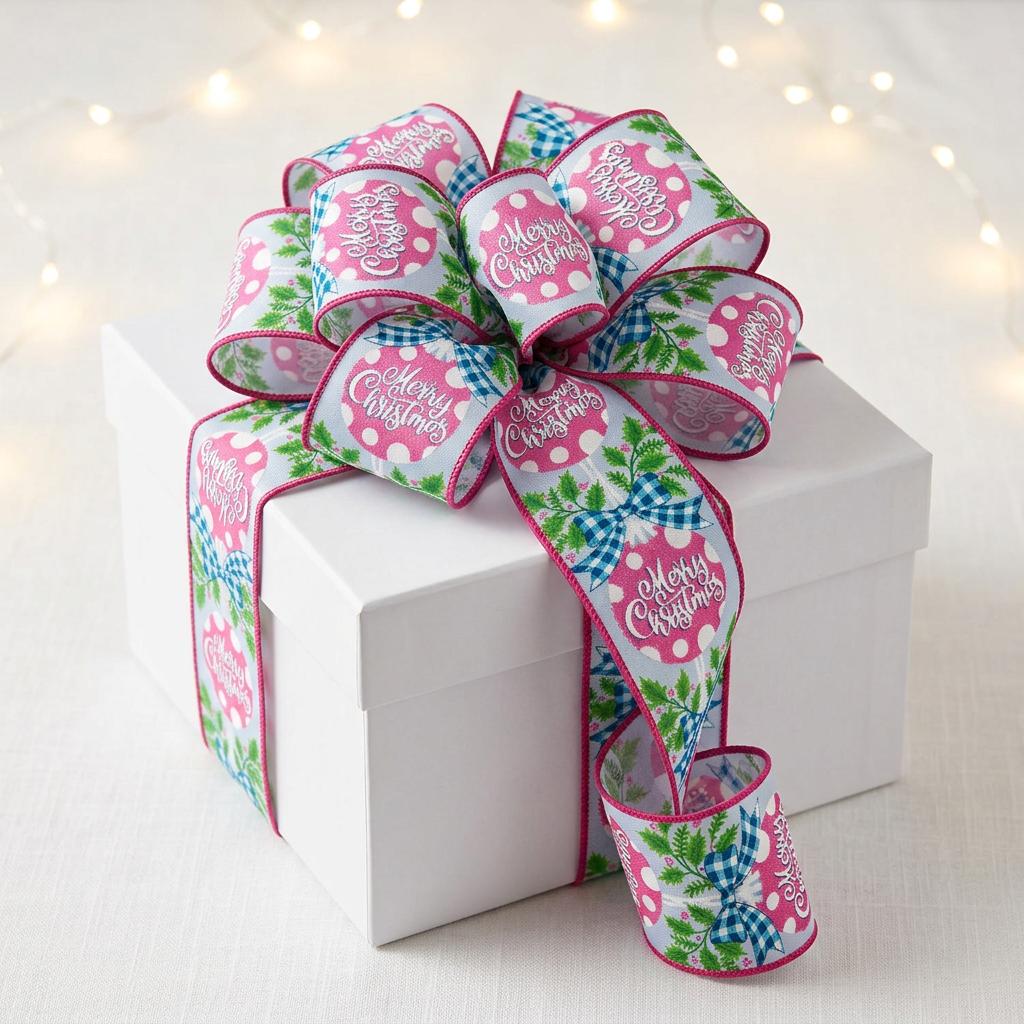 2.5" Merry Christmas Ornament Pink/Blue (10 Yards)