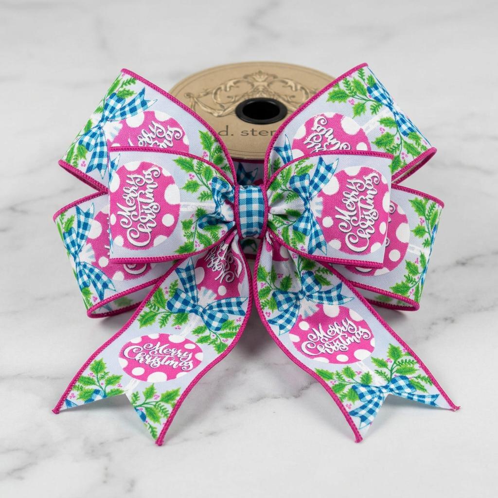2.5" Merry Christmas Ornament Pink/Blue (10 Yards)