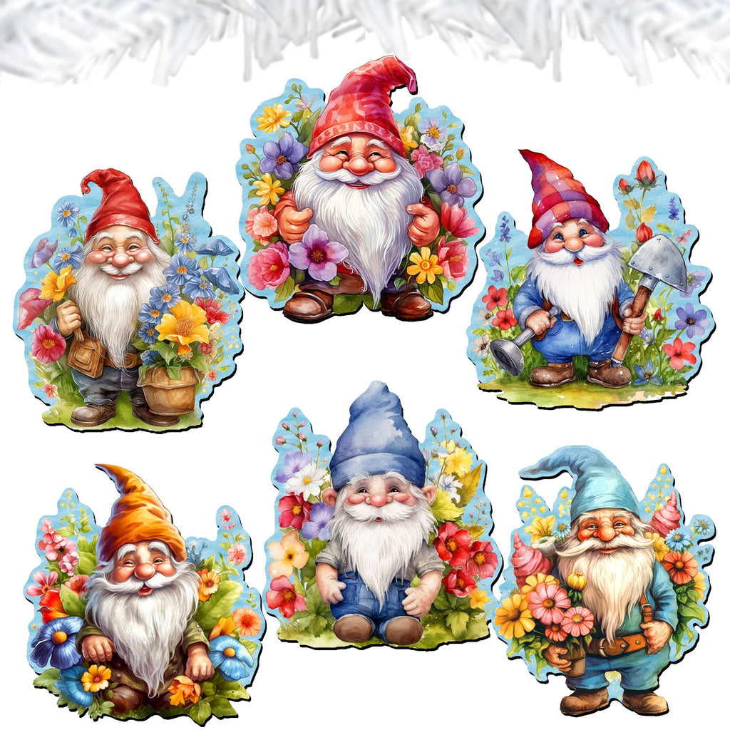 Garden Gnomes Clip-On Eco Wood Decorative Ornaments Set of 6 by G. Debrekht - Christmas Decor - 8090030C-S6