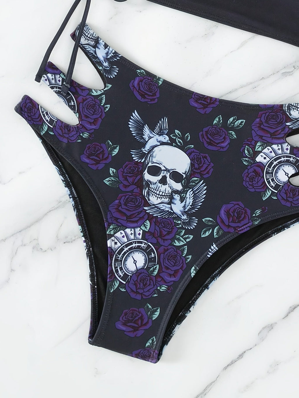 Bikini Skull Print Hollow-Out 2 Piece Swimsuit for Women – Sexy Lace-Up Floral Tie Bathing Suit with Crew Neck – High Stretch Halloween Inspired Bikini Set for Beach Party, Festival, and Summer Vacation